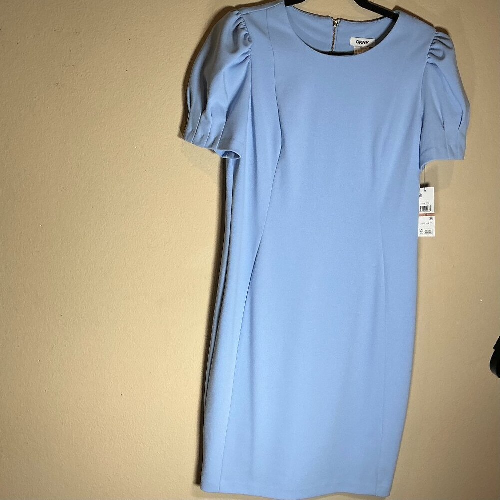 DKNY Womens Short Puff Sleeve Jewel Neck Dress, Size 12,  Light Blue